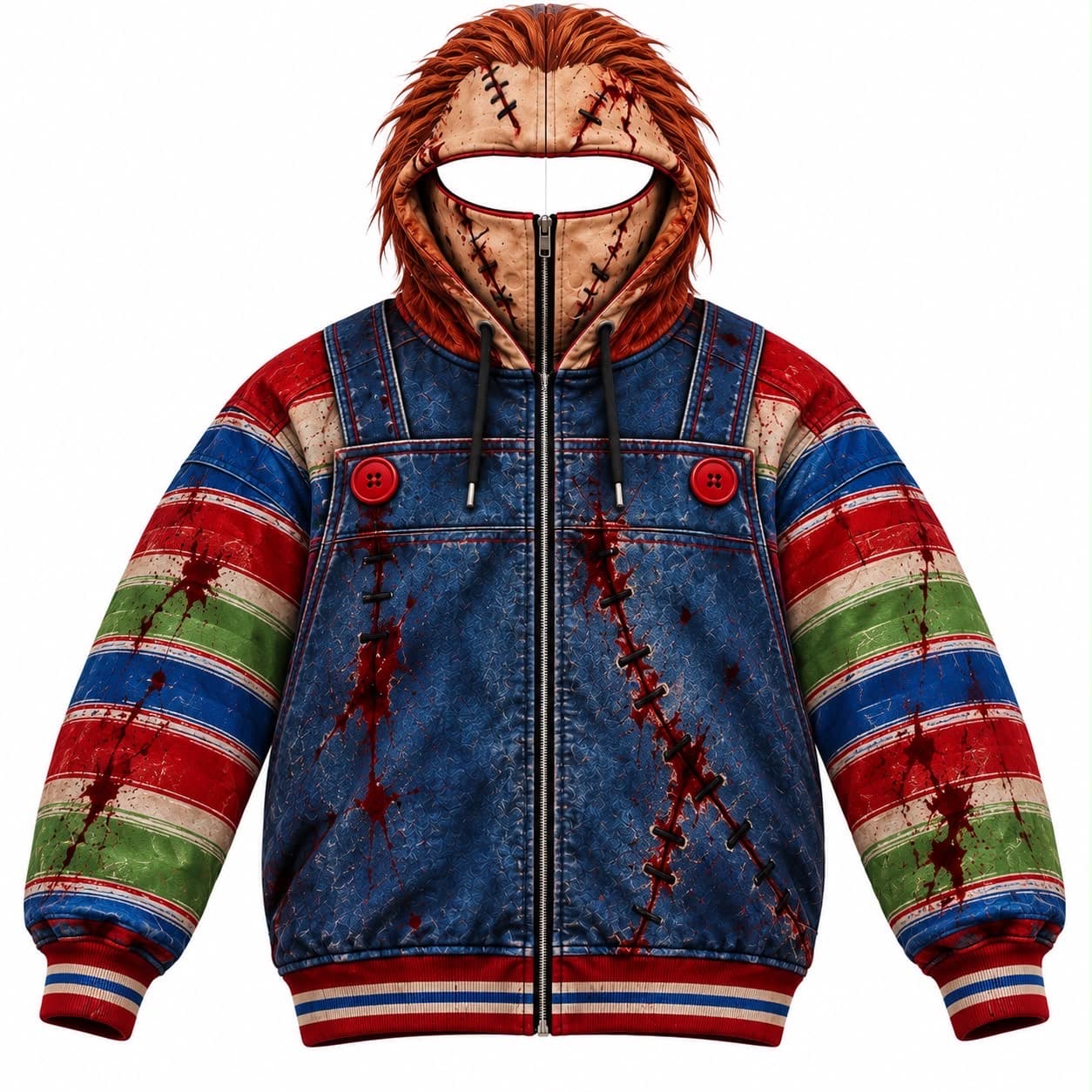Stitched Doll zip-front hoodie with mask-style hood